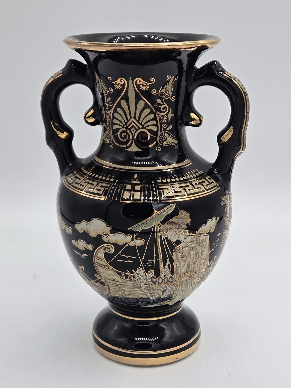 Vintage Stakias P Greece Amphora Vase 24K Gold Greek Mythology Black 7"